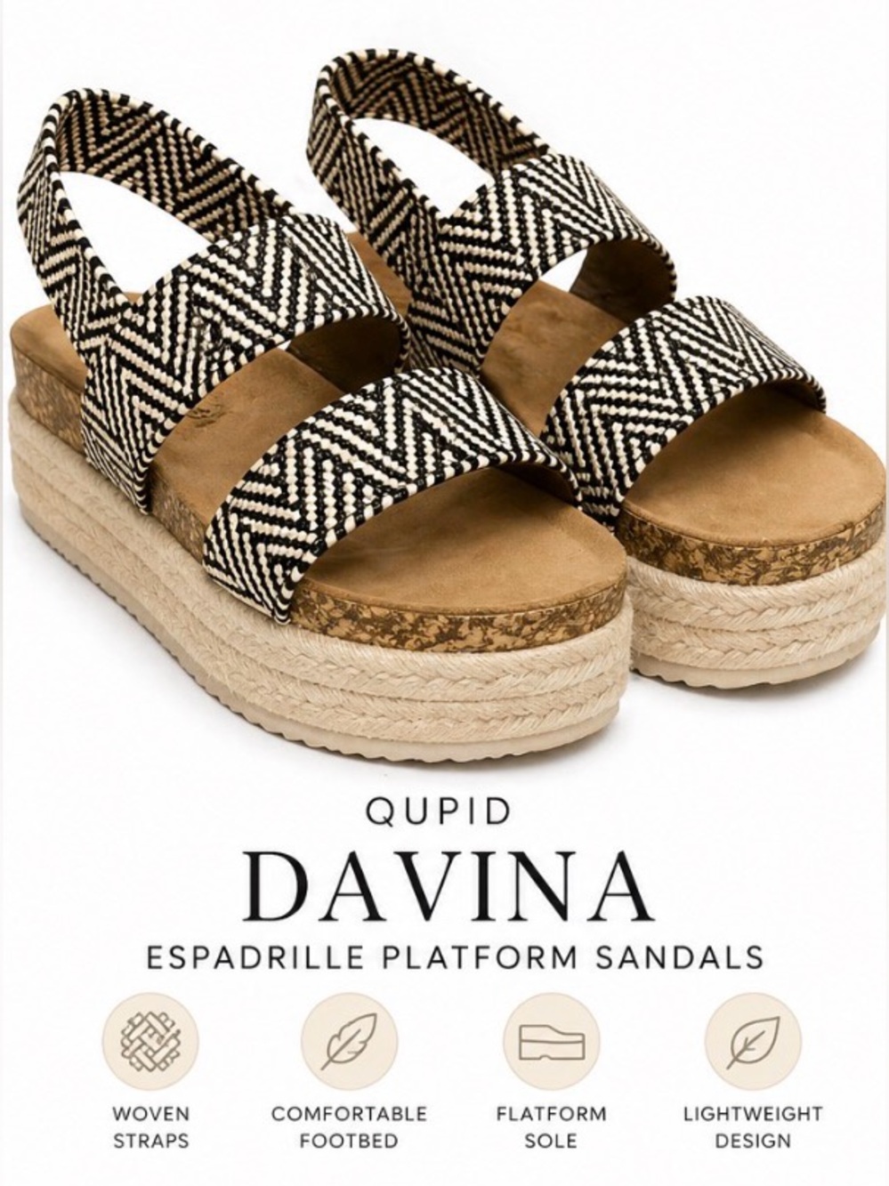 Qupid Davina Espadrille Platform Sandals Woven Strappy Chic Flatform Boho Summer